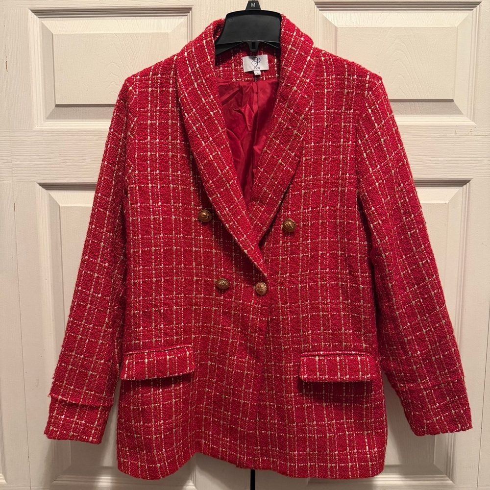 Red Tweed Plaid Double-Breasted Blazer Women’s Size L Old Money - Picture 5 of 16